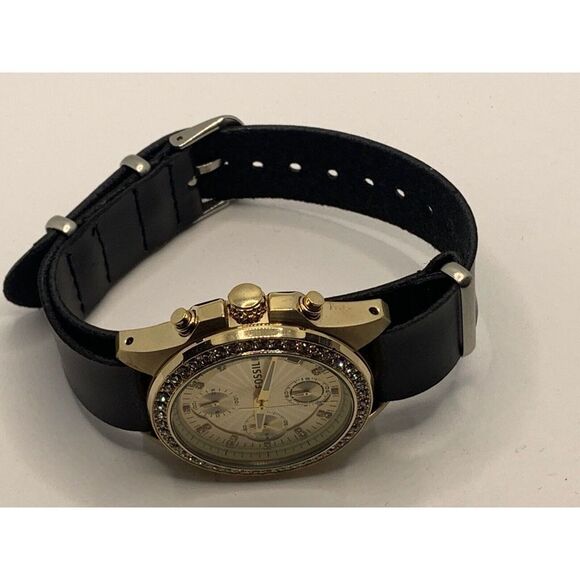 Fossil ES2683 Women Black Leather Analog Champagne Dial Quartz Wrist Watch JD358 - Picture 7 of 11